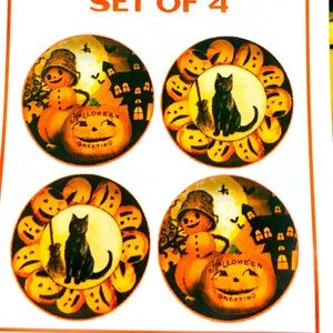 4 Halloween Plates Vintage Images Pumpkin Cat